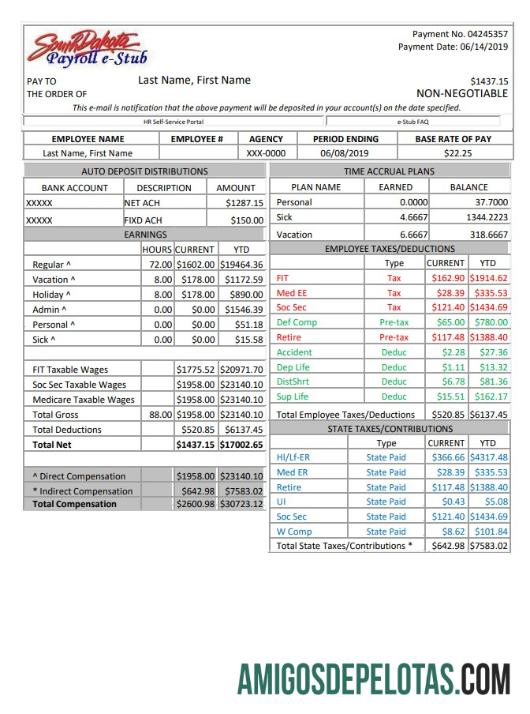 Em branco Modelo Word e PDF de folha de pagamento de Dakota do Sul
